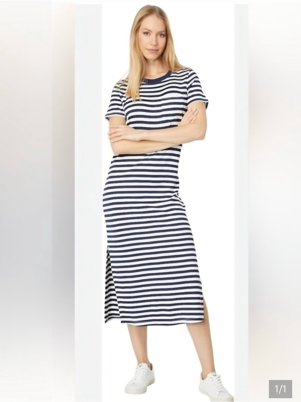 Outerknown Navy and White Striped Maxi T-Shirt Dress